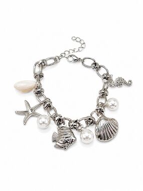 Silver Stainless Steel Shell & Pearl Charm Bracelet - Women Jewelry